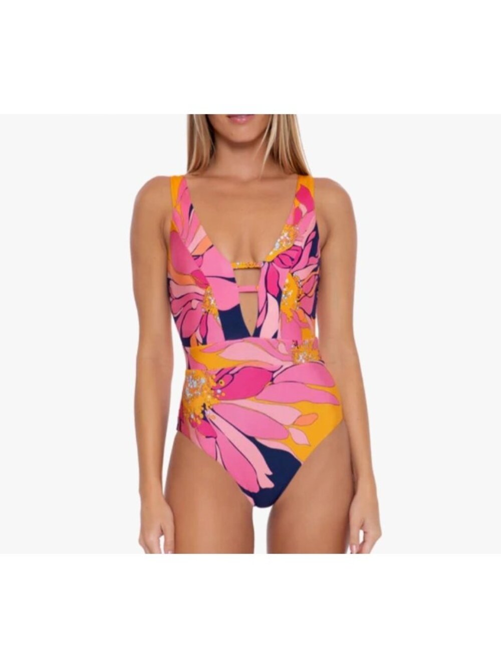 Trina Turk Breeze Plunge Open-Back One-Piece Swimsuit Floral Navy Pink Vacation